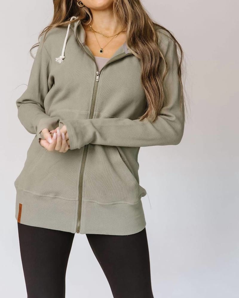 Front of a model wearing a size XLarge Waffle Knit Fullzip Hoodie in Willow in Willow by AMPERSAND AVE. | dia_product_style_image_id:326857